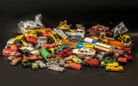 Box of Assorted Diecast Trucks, cars, lorries, cherry pickers, diggers etc.
