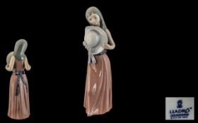 Lladro Hand Painted Porcelain Figurine ' Bashful Girl With Straw Hat ' Model No 5007.