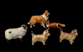 Collection of Five Beswick Figures, comprising a Collie dog, two Terrier dogs, a Ram and a Fox.