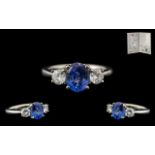18ct White Gold - Superb Quality Contemporary 3 Stone Diamond and Sapphire Dress Ring,