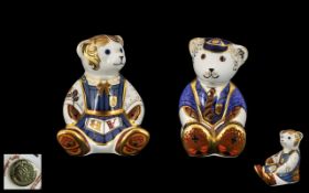 Royal Crown Derby Fine Quality Pair of Paperweights ' School Girl Teddy ' and ' School Boy Teddy '