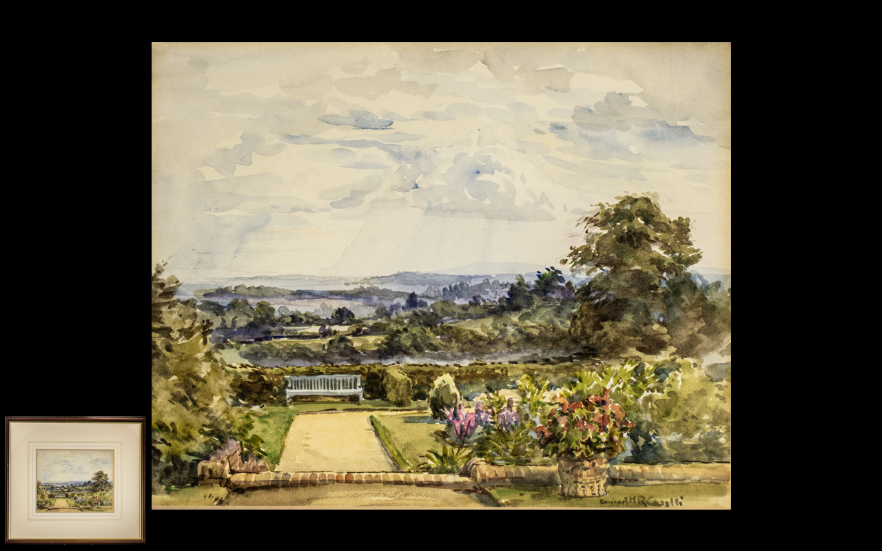 Conrad Hector Rafaele Carelli 1869-1956 Titled English Summer Garden Landscape with Hills and