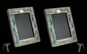 Art Nouveau Style Fine Pair of Sterling Silver & Enamel Photo Frames, each marked Sterling,