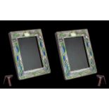 Art Nouveau Style Fine Pair of Sterling Silver & Enamel Photo Frames, each marked Sterling,