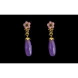 Purple Jade, Pink Mother of Pearl and Russian Diopside Drop Earrings, Ovoid Purple Jade Drops,