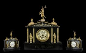 A Slate Architectural Mantle Clock of typical form with figures and columns,