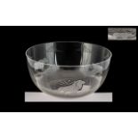 Roland Ward Niarobi Engraved Glass Bowl, Depicting Lions, Buffalo and Rhinos In Landscape. Unsigned.