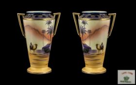 Noritake Style Camel China Pair of Hand Painted Twin Handle Vases of Tapered Form.
