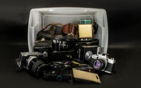 Box Lot of Misc Cameras, Yashica, Petri, Omo, Miranda etc, with Filters.