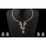 White Crystal Omega Collar and Earrings, The Collar Open at the Front, With Two Row Shaped Drops,