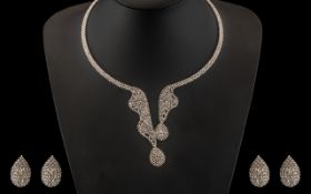 White Crystal Omega Collar and Earrings, The Collar Open at the Front, With Two Row Shaped Drops,