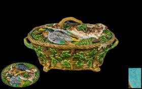 Minton - Majolica Twin Handle Lidded Game Dish. c.1860's. Num Impressed Number to Base 6-899.