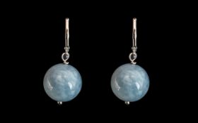 Aquamarine Bead Drop Earrings, 40 cts of Natural Opaque Aquamarine In Two Round Solitaire Beads,