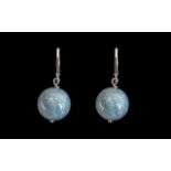 Aquamarine Bead Drop Earrings, 40 cts of Natural Opaque Aquamarine In Two Round Solitaire Beads,