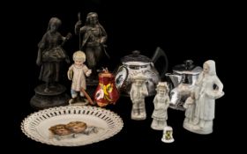 Box of Collectible Vintage Items comprising a Victorian Ribbon Plate, three Bisque figures,