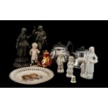 Box of Collectible Vintage Items comprising a Victorian Ribbon Plate, three Bisque figures,