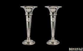 Edwardian Period Fine Pair of Attractive Sterling Silver Tulip Shaped Vases with planished,
