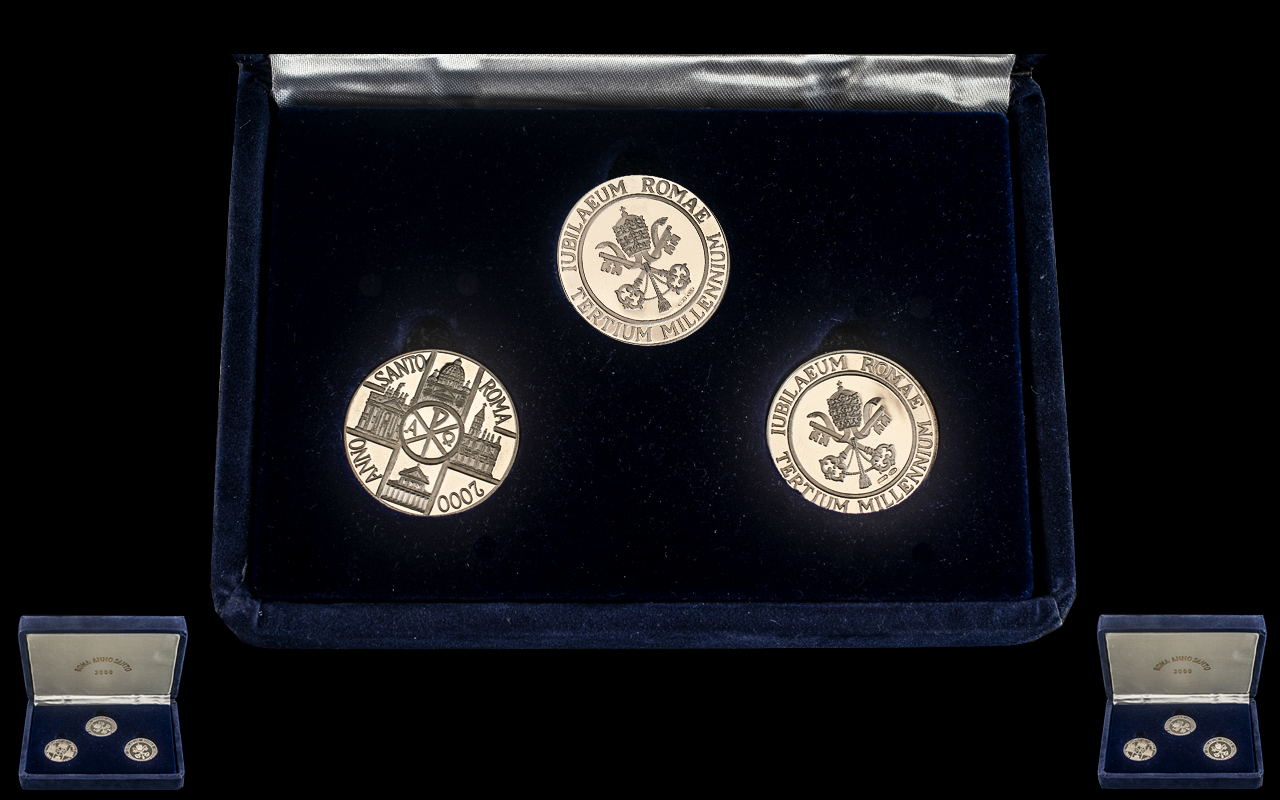 Set Of Three Millennium Silver Coins From Rome Complete In Fitted Case