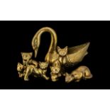 Collection of Brass Items including a 10" tall swan; and six various sized brass cats.