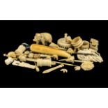 Large Collection of Antique Oriental Ivory Miscellaneous Items comprising odd chess pieces,