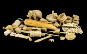 Large Collection of Antique Oriental Ivory Miscellaneous Items comprising odd chess pieces,