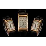 Art Deco Rotary Wristwatch 9ct Gold Rectangular Slightly Convex Faceted Case On A Black Leather
