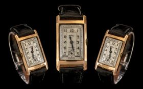 Art Deco Rotary Wristwatch 9ct Gold Rectangular Slightly Convex Faceted Case On A Black Leather