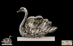 German Early 20thC Excellent Quality Silver Open Salt Cellar in the form of a large swan;