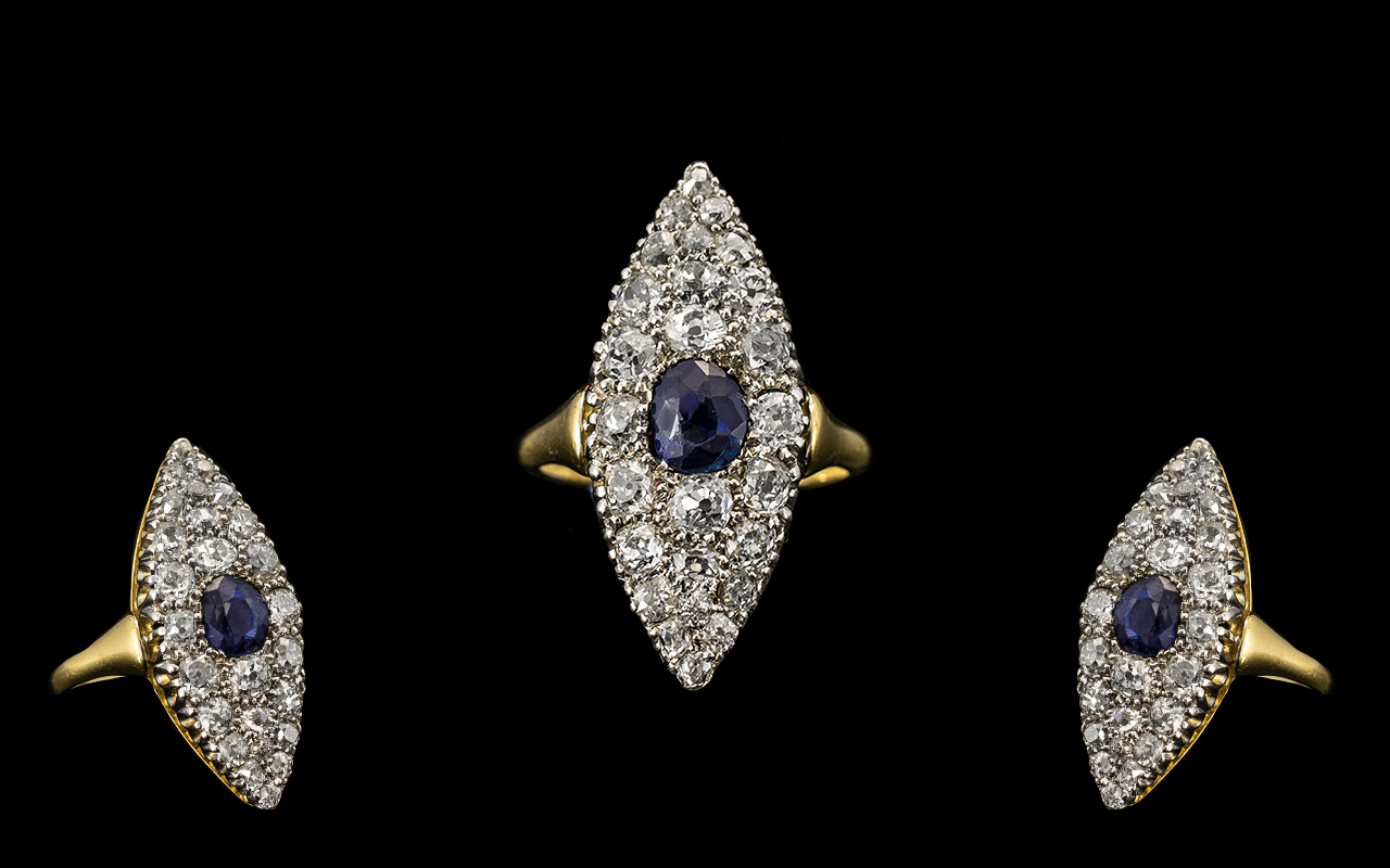 Art Deco Period Stunning 18ct Gold Diamond and Sapphire Set Dress Ring - marked 18ct to interior