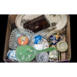 Box of Antique Bric-a-Brac comprising pottery vases, meat plates, Rockingham vase,