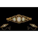 Ladies 9ct Gold 3 Stone Opal Set Ornate Brooch, with attached safety chain,