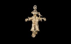 Solid Silver Scarecrow Charm with moving arms and leg, with a bird sitting on his shoulder.