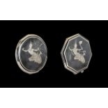 Silver Niello Octagonal Shaped Compact with Inlaid Silver Figures to Front and Back Cover,