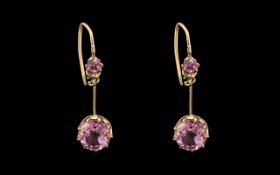 Pair of Ladies 9ct Gold Amethyst Drop Earrings Each Earring With Two Round Cut Amethysts,