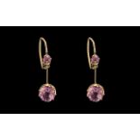 Pair of Ladies 9ct Gold Amethyst Drop Earrings Each Earring With Two Round Cut Amethysts,