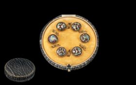 Set of Six Antique Pinchbeck Buttons set with Roman Lava Glass roundels, in original box.