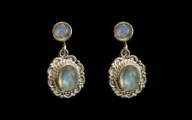 Rainbow Moonstone Drop Earrings, oval cut cabochons of the misty white moonstone with inner