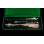 Edwardian Period Silver Handle Shoe Horn / Boot Hook Set, In Original Leather Case.
