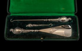 Edwardian Period Silver Handle Shoe Horn / Boot Hook Set, In Original Leather Case.