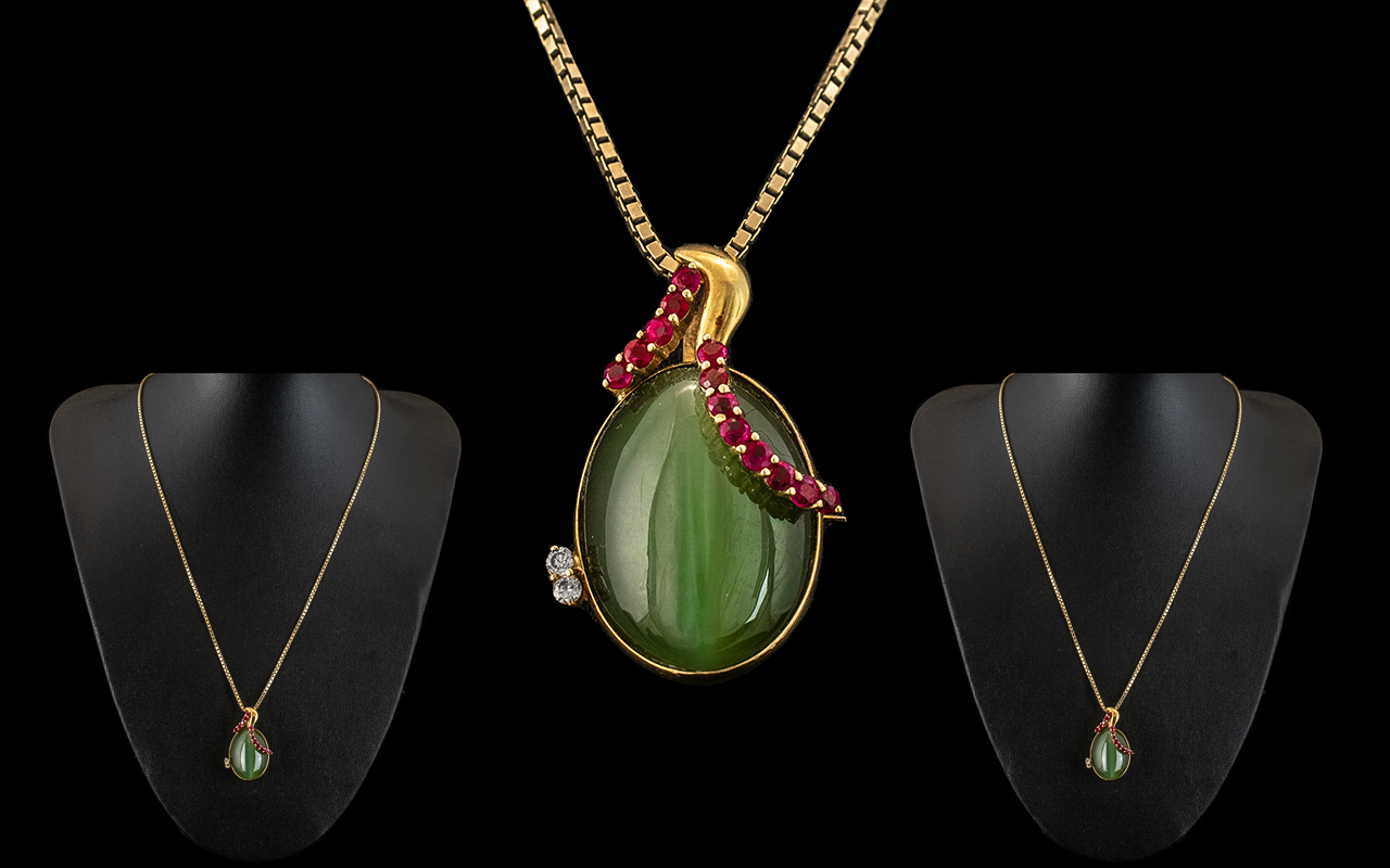 18ct Gold - Ruby and Diamond Set Jade Brooch - Pendant, Attached to a Long Box, 9ct Gold Chain.