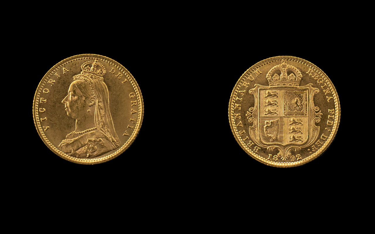 Queen Victoria Jubilee Head/Shield Back Half Sovereign. Date 1892, London mint.