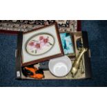 Box of Mixed Collectibles, including a framed floral ceramic picture, a white pot planter,
