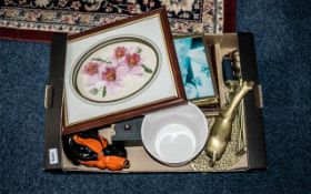 Box of Mixed Collectibles, including a framed floral ceramic picture, a white pot planter,