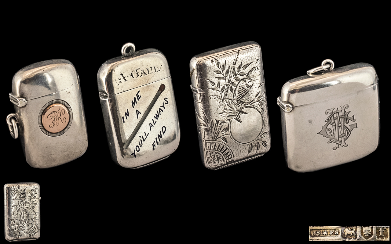 A Collection of Antique Period Sterling Silver Vesta Cases ( 4 ) Four In Total.