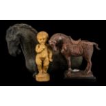 Two Pottery Glazed Horses after the Chinese Antiques one standing on base and measuring 10 inches