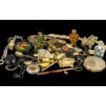 Mixed Assorted Items including Oriental snuff bottles, Oriental figures, ivory necklace, coins,