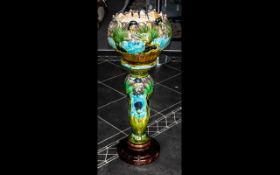 Majolica Plant Pot and Stand In The Victorian Style with Moulded Floral Decoration.