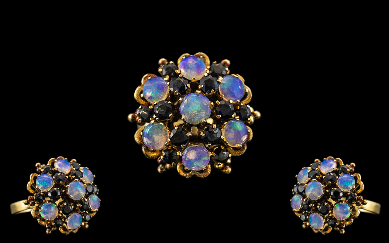 18ct Gold Impressive and Attractive Opal and Sapphire Set Cluster Ring,