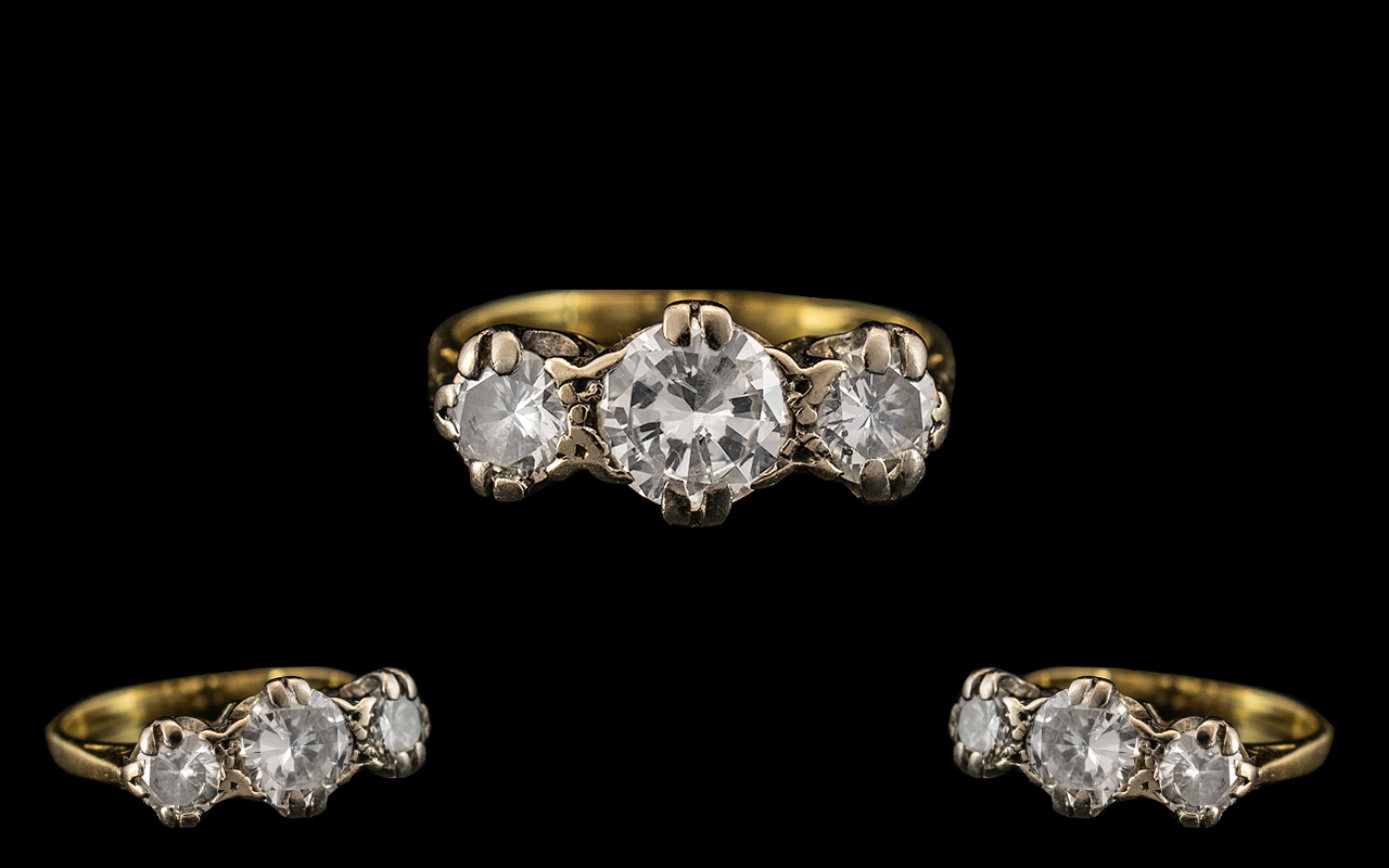 18ct Gold Attractive and Quality Three Stone Diamond Set Ring marked 18ct to interior of shank.