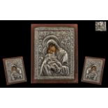 Russian / Greek Stamped Silver Embossed Icon, Depicting Mary and Child with a Painted Face, Wood